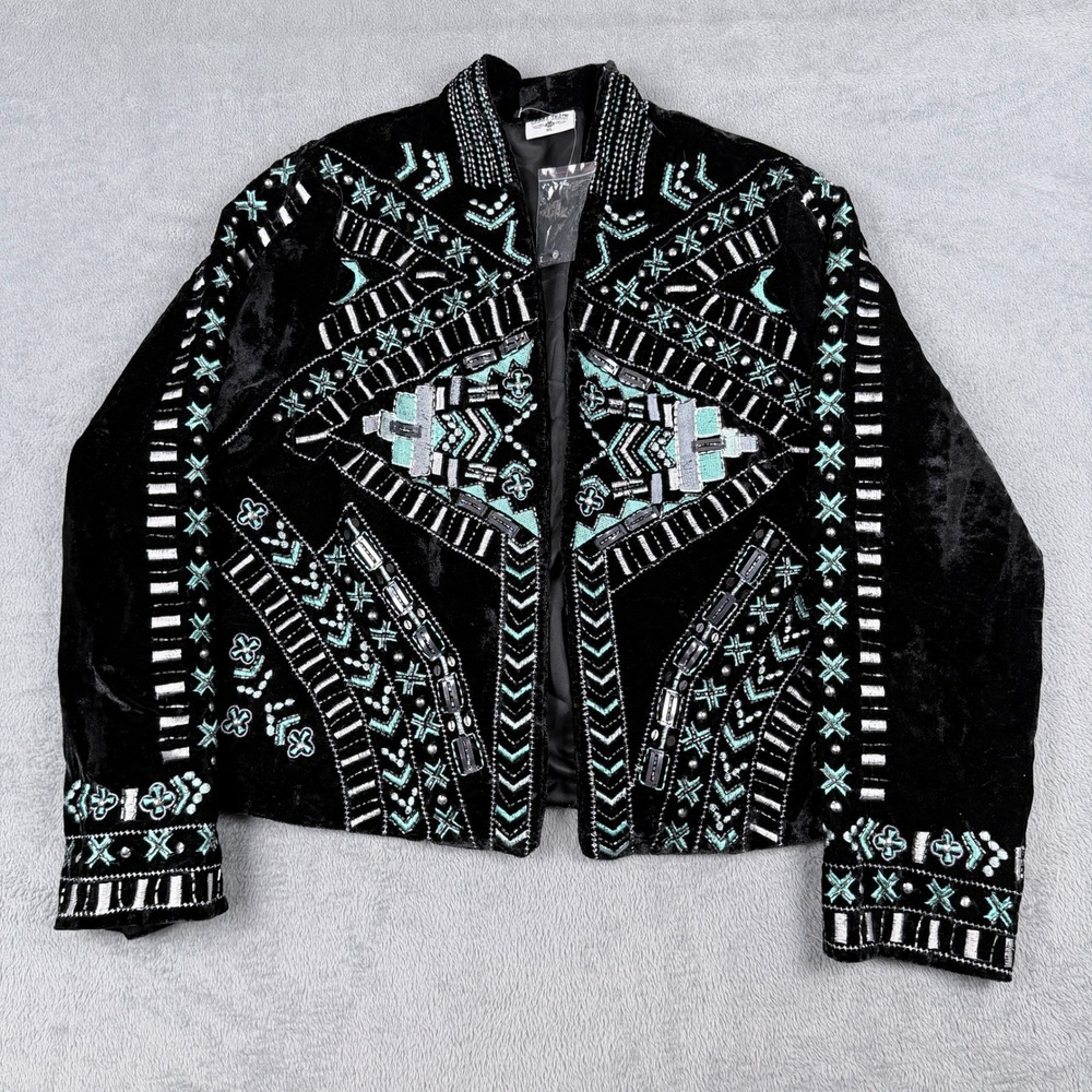 Crazy Train Womens XL Black Velvet Beaded Southwestern Embellished Jacket Teal